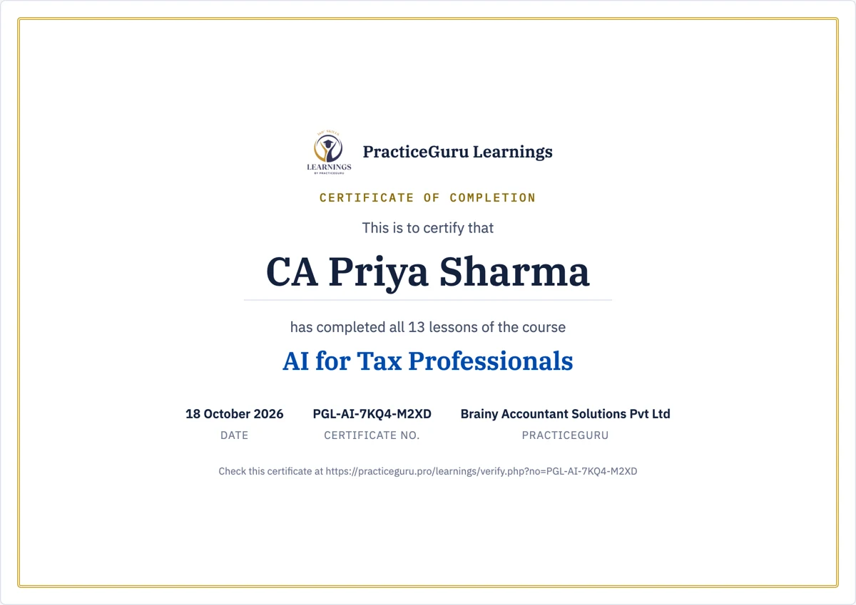 Sample certificate: AI for Tax Professionals, with date and certificate number
